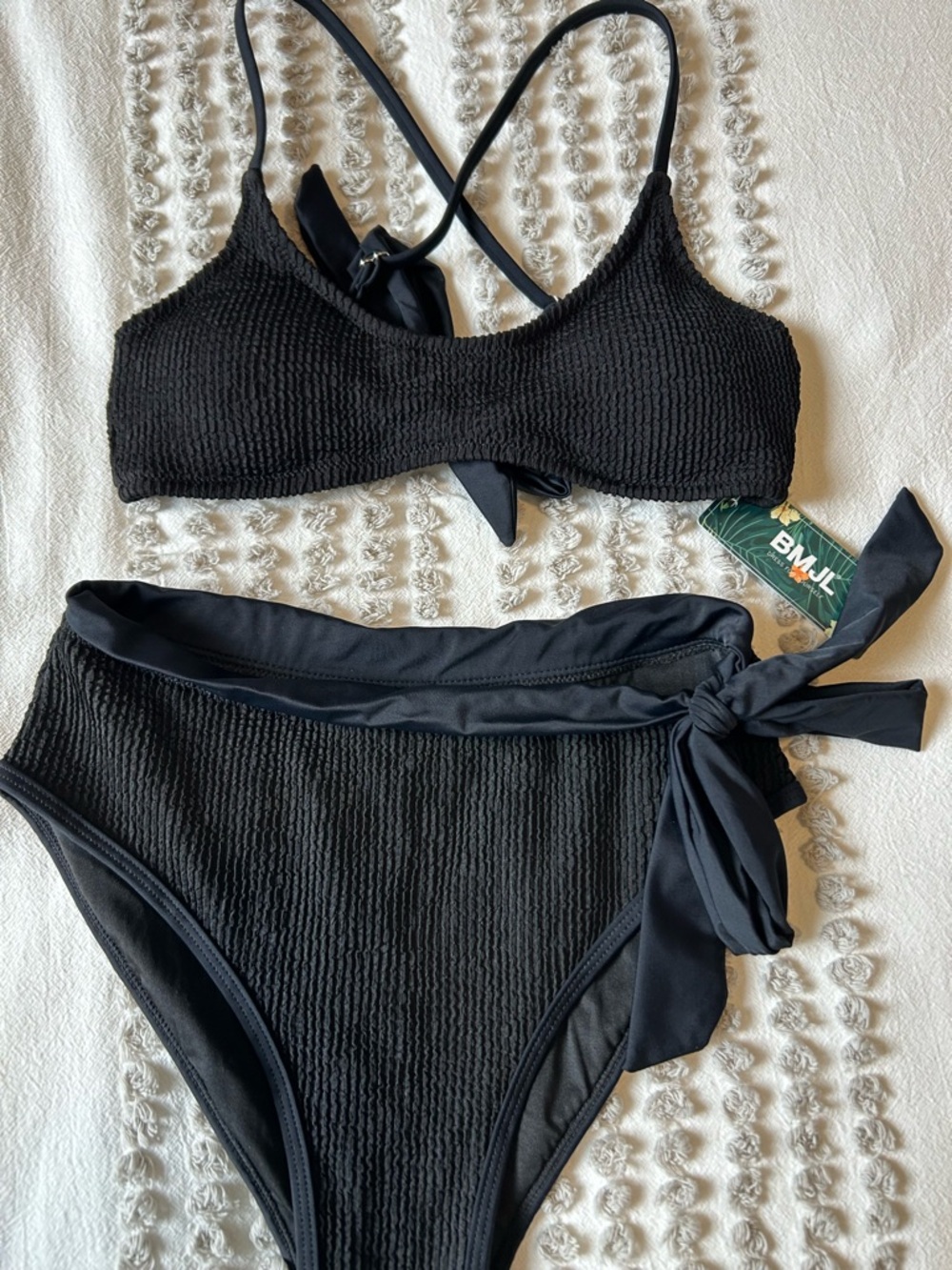 Black Textured Tie Side Bikini Set